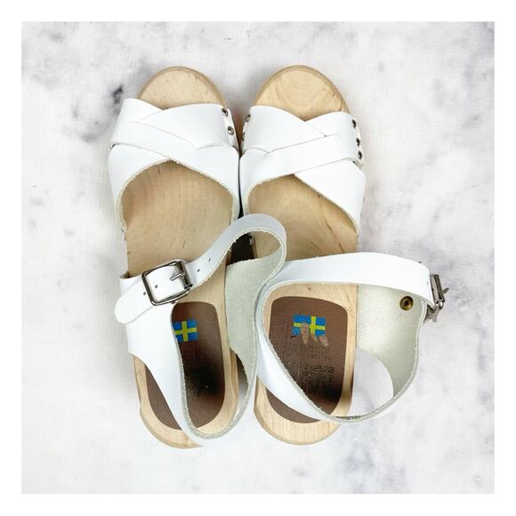 MIA Gertrude White Leather Cross Strap Peep Toe Clog Sandals Wood Heel Sz 39 - Picture 5 of 10